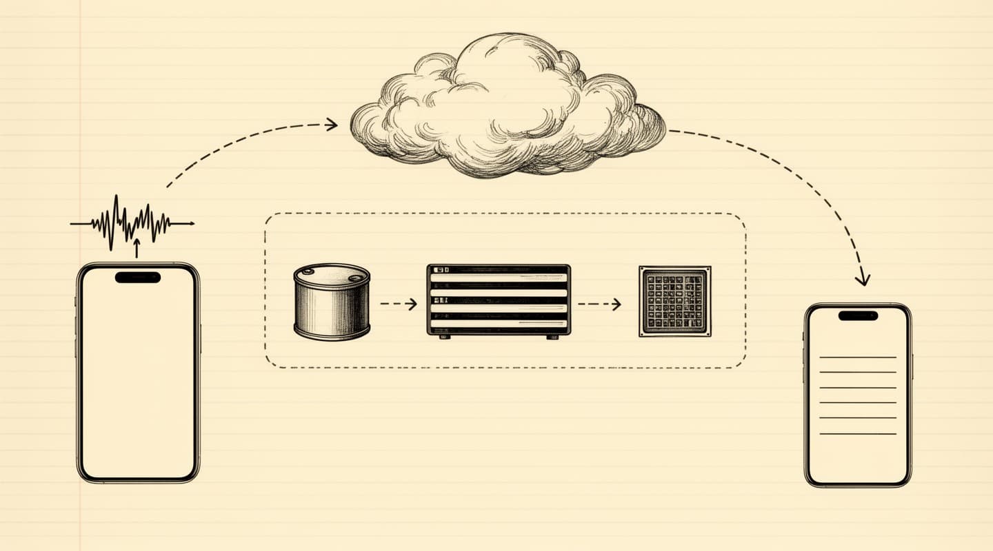 Fine-line ink illustration of the cloud transcription pipeline on ruled notebook paper: an iPhone sends audio up into a cloud outline that contains three small stations — object storage, a transcription GPU server, a hosted language model — connected by dotted arrows; the finished transcript returns back down to the phone.