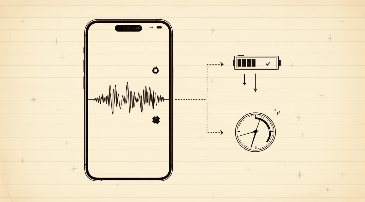 Fine-line ink illustration on ruled notebook paper: an iPhone showing on-device processing, with two small annotations beside it — a battery icon indicating energy draw and a clock face indicating elapsed processing time — the visible trade-offs of running the model locally.
