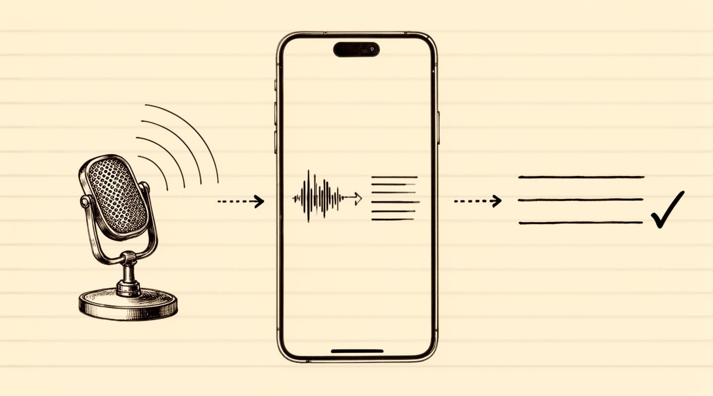Fine-line ink illustration reading left to right on ruled notebook paper: a microphone with sound waves arcing toward an iPhone, whose screen shows a waveform transforming into transcribed lines, which continue onto the notebook page itself and end in a checkmark — the entire speech-to-text flow happening on the device.