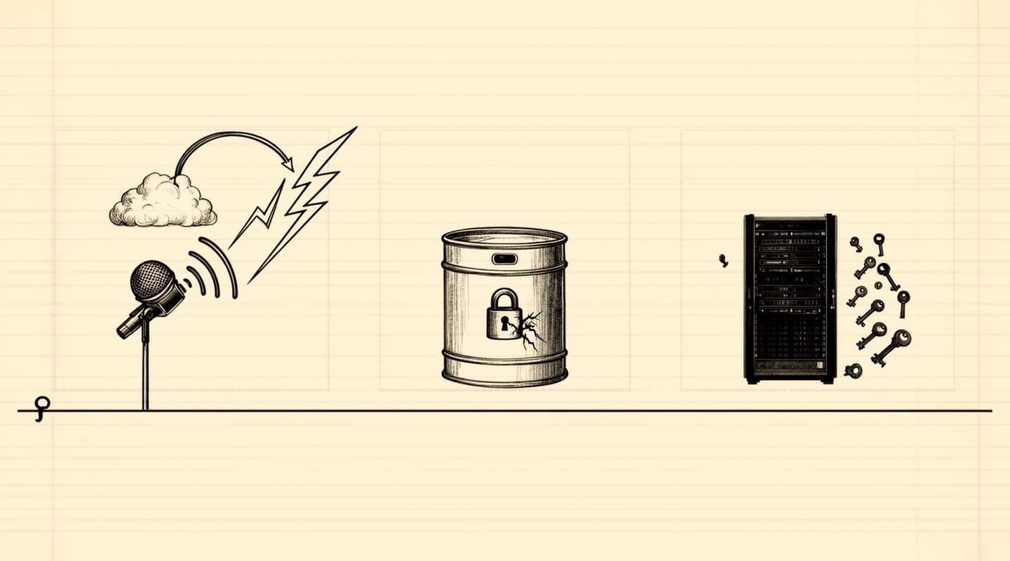 Fine-line ink illustration on ruled notebook paper showing three exposure vignettes of a cloud transcription pipeline: a microphone with sound waves and an arrow to a cloud with a lightning-crack interrupting the arrow (transport exposure), a cylindrical storage drum with a cracked padlock on the front (storage exposure), and a server rack with scattered key glyphs beside it (operational access exposure).