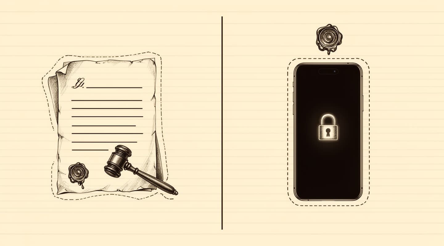Fine-line ink illustration split down the middle: on the left, a folded paper with a gavel and a wax seal representing recording-consent laws; on the right, an iPhone with a padlock on its screen inside a dashed boundary and a wax seal above it representing ongoing device-security hygiene.