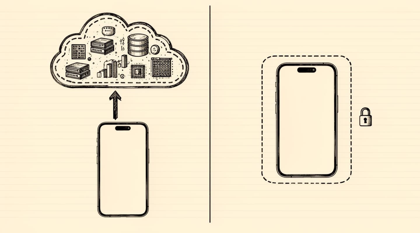 Fine-line ink illustration split down the middle: on the left, an iPhone with an arrow up into a crowded cloud filled with small subprocessor icons under a thick dashed boundary; on the right, the same iPhone standing alone under a tight dashed boundary with a single padlock beside it — the compliance surface shifting from vendor to device.