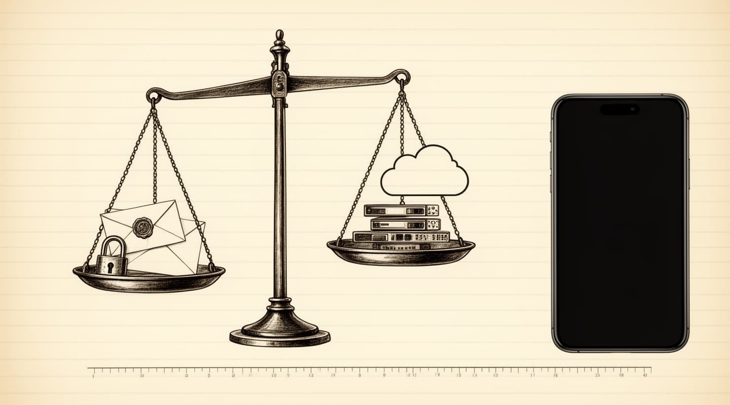Fine-line ink illustration on ruled notebook paper: a vintage brass balance scale with a sealed envelope and padlock on the left pan (privacy) and a cloud with server stacks on the right pan (cloud convenience); a present-day iPhone stands beside the scale as an observer.