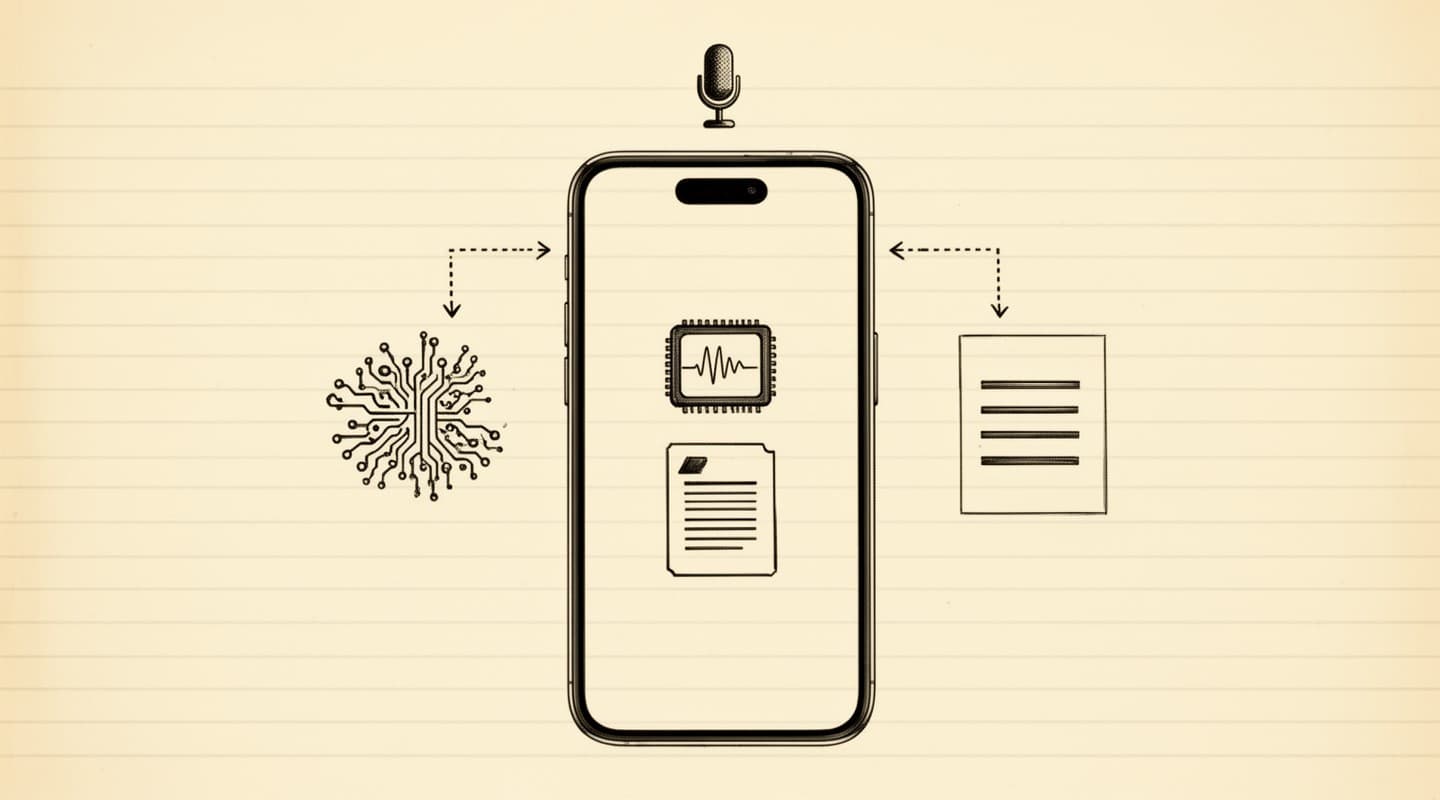 Fine-line ink schematic on ruled notebook paper: an iPhone with two chip glyphs on its screen — a waveform icon above a document-lines icon — representing the two on-device frameworks, surrounded by a microphone above, a neural-chip grid to the left, and a transcript sheet to the right, all pointing into the phone via dotted arrows.
