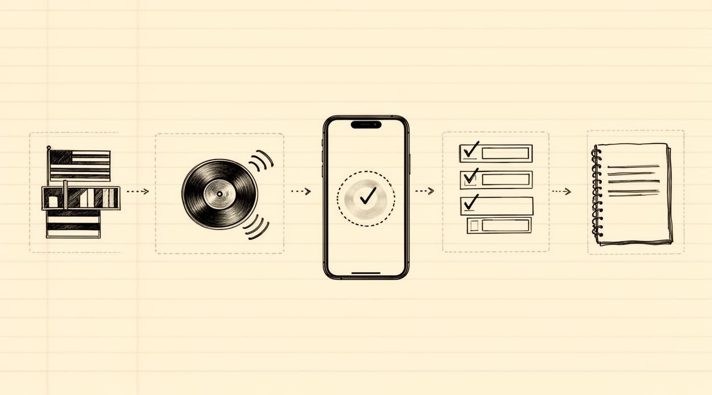 Fine-line ink illustration on ruled notebook paper: a horizontal row of five vignettes connected by dotted arrows — a stack of flags (language pick), a record button with sound waves, an iPhone with a progress spinner, a mode-selection list with a checkmark, and a notebook page with a finished summary.
